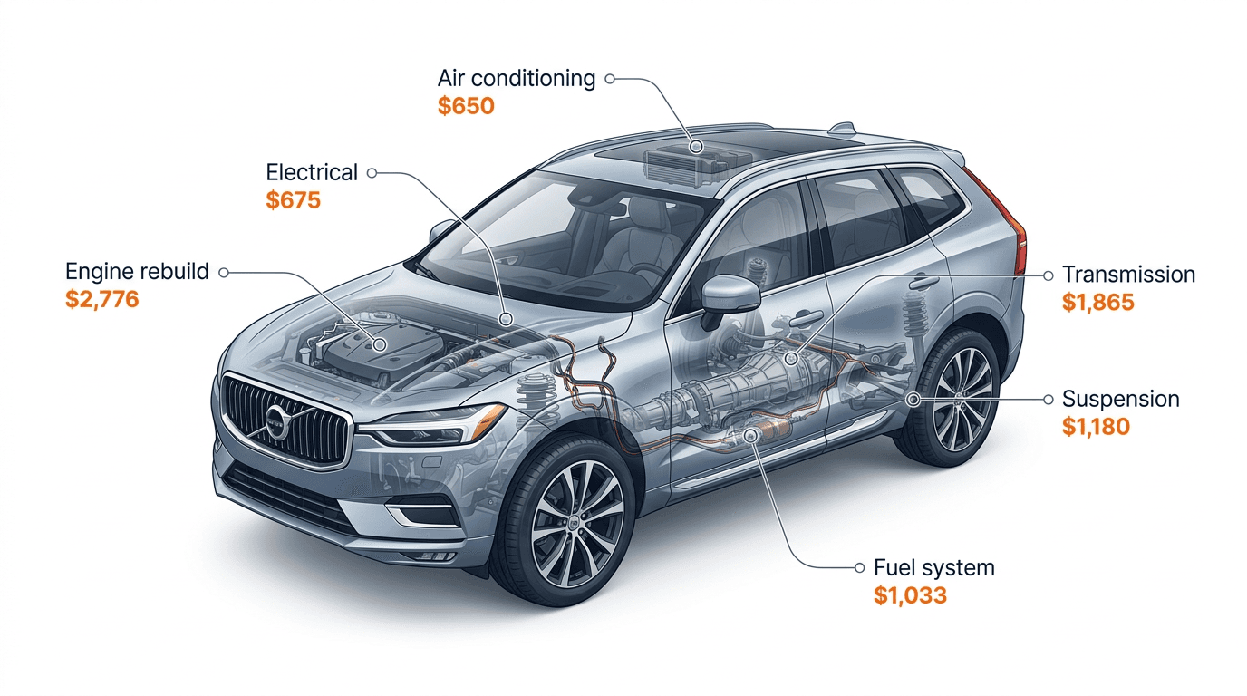 Cutaway illustration of a vehicle showing typical repair costs across engine, transmission, suspension, AC, electrical, and fuel system